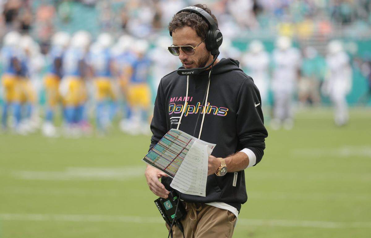Miami Dolphins head coach Mike McDaniel on the sidelines during the NFL football game against the Los Angeles Chargers at Hard Rock Stadium in Miami Gardens, FL, on Sunday, October 12, 2025.