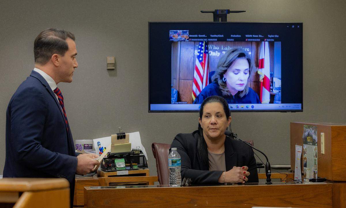 Prosecutor Shawn Abuhoff cross-examines Miami police detective Sandra Llanes during a special bond hearing for Charlene Forti, accused of supplying the MDMA that caused the death of Jenniha Le, at the Gerstein Justice Bldg in Miami on Wednesday, March 25, 2026.