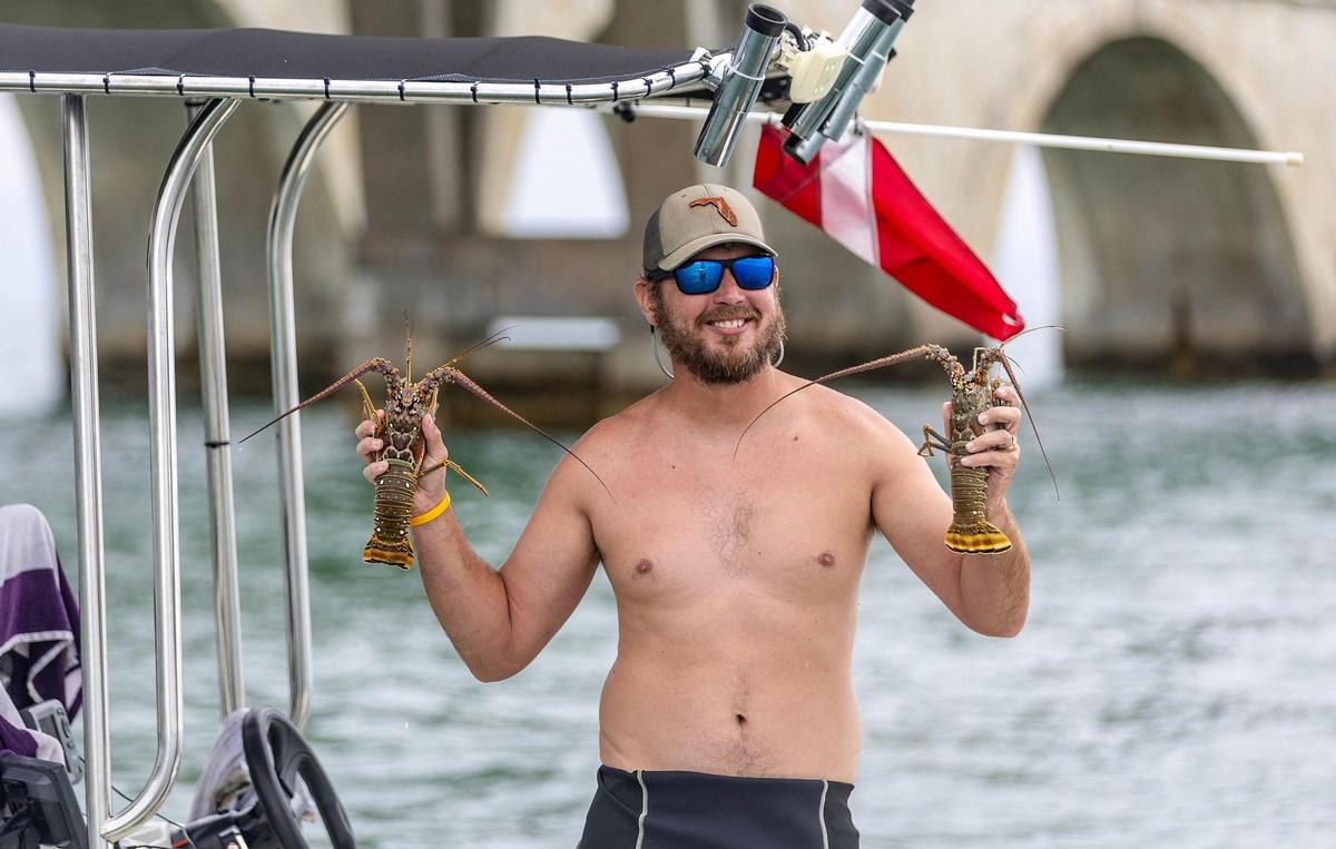 Keller Cabrera of Miami displays a couple of Florida spiny lobsters he captured during the first day of lobster miniseason in the Florida Keys on Wednesday, July 26, 2023.