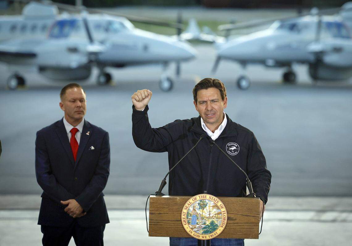 Florida Governor Ron DeSantis holds a press conference at the Homestead Air Force Base alongside Department of Homeland Security Senior Counselor Keith Pearson in Homestead, Florida on Wednesday, February 26, 2025.