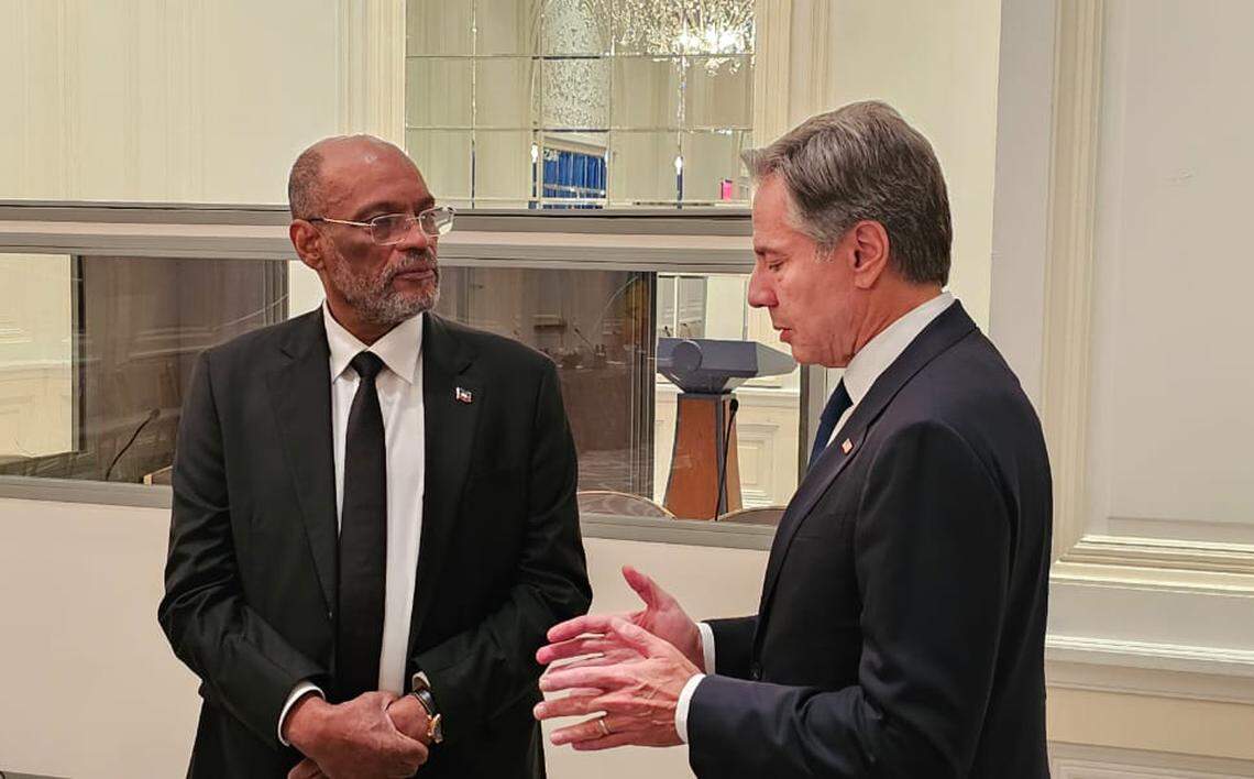 Haiti Prime Minister Ariel Henry, left, speaks with U.S. Secretary of State Antony Blinken on Friday, September 22, 2023 ahead of a meeting on Haiti’s security.