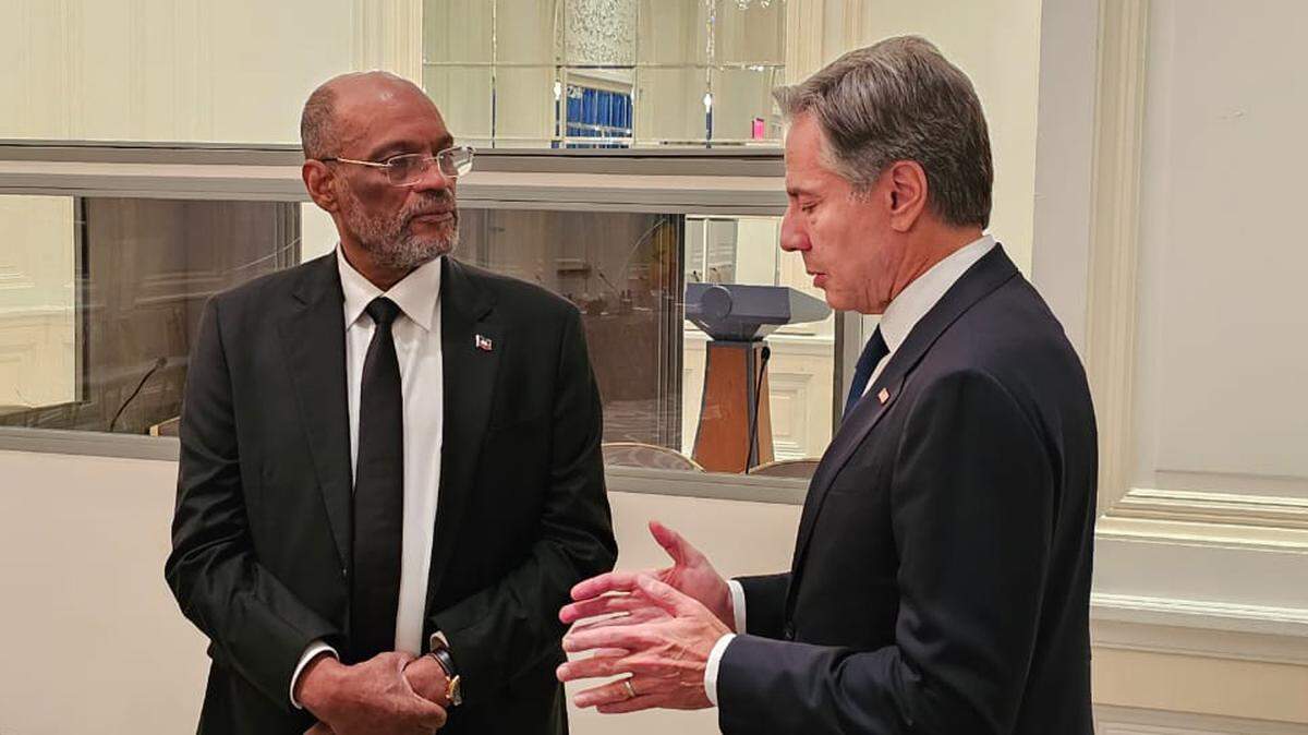 Haiti Prime Minister Ariel Henry, left, speaks with U.S. Secretary of State Antony Blinken on Friday, September 22, 2023 ahead of a meeting on Haiti’s security.