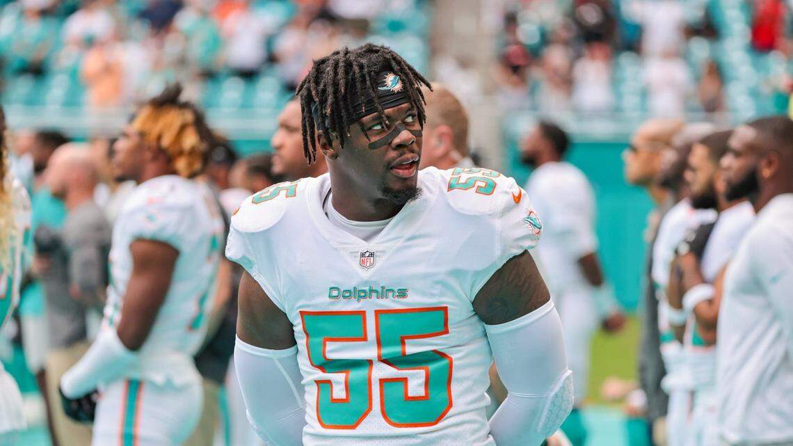 Miami Dolphins outside linebacker Jerome Baker (55) on the sidelines before the start of the game against Atlanta Falcons at Hard Rock Stadium in Miami Gardens on Sunday, October 24, 2021.