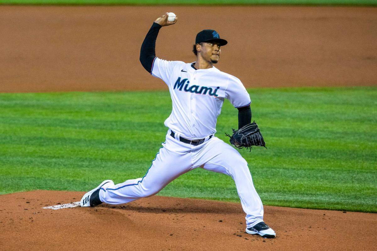 Miami Marlins right-handed pitcher Elieser Hernandez (57) throws a pitch during the first inning of a Major League Baseball game against the Toronto Blue Jays at Marlins Park in Miami, Florida on Tuesday, September 1, 2020.