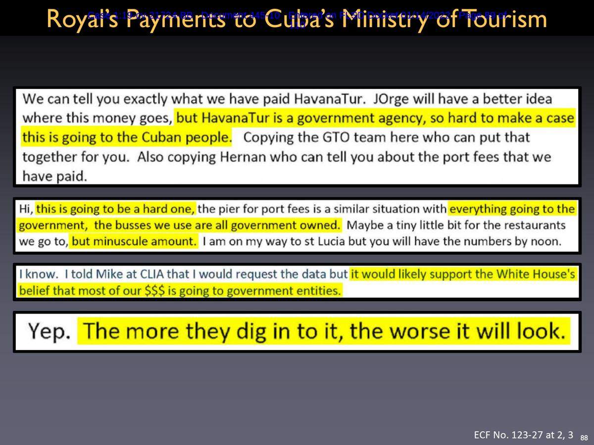 Screenshot of a PowerPoint presentation by Havana Docks’ lawyers filed in a Miami federal court. In an email exchange, Royal Caribbean executives discussed whether there was evidence supporting that cruise travel benefited the Cuban people.