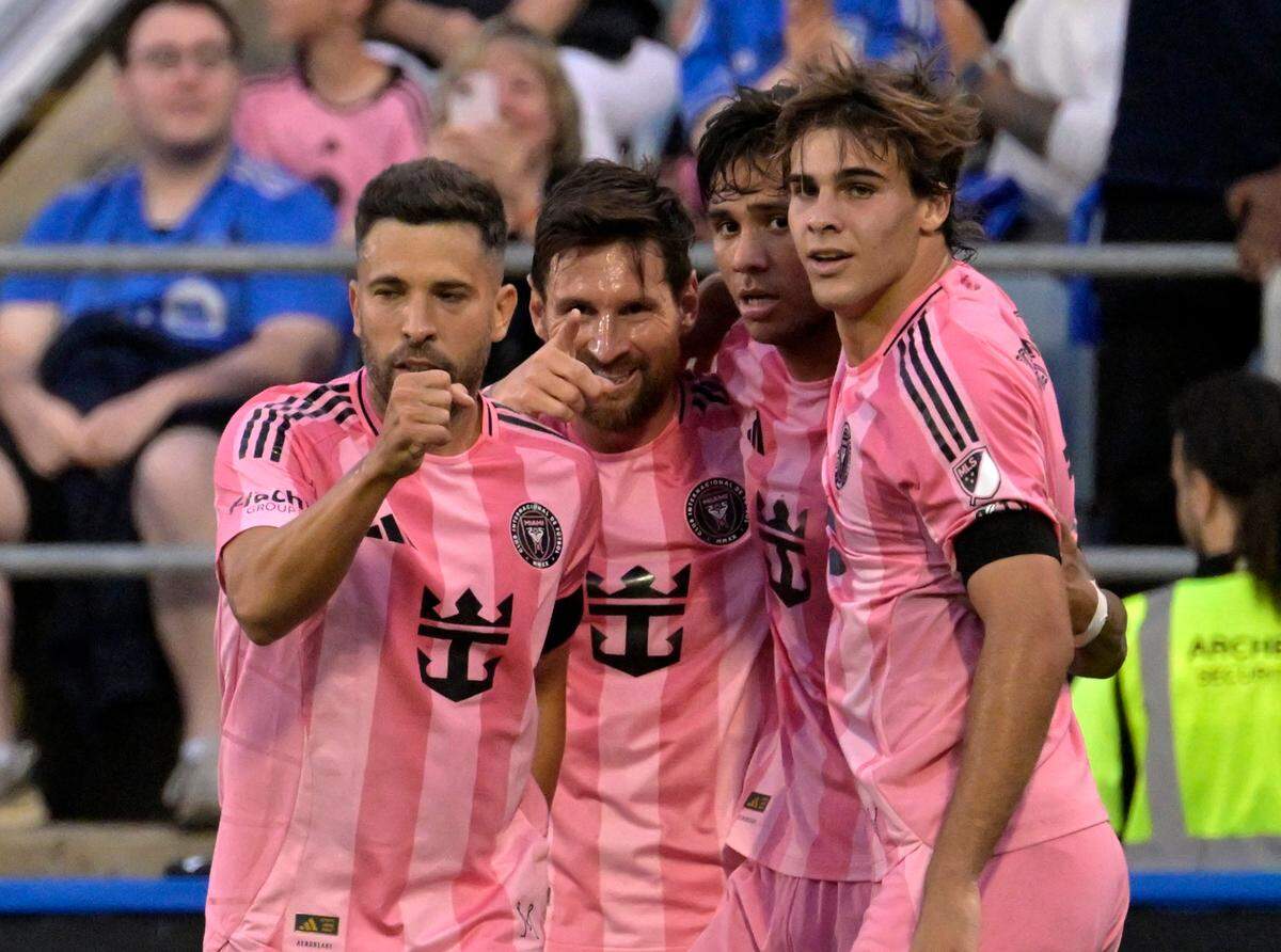 Jul 5, 2025; Montreal, Province of Quebec, CAN; Inter Miami CF forward Lionel Messi (10) celebrates after scoring a goal against CF Montreal during the first half at Saputo Stadium. Mandatory Credit: Eric Bolte-Imagn Images