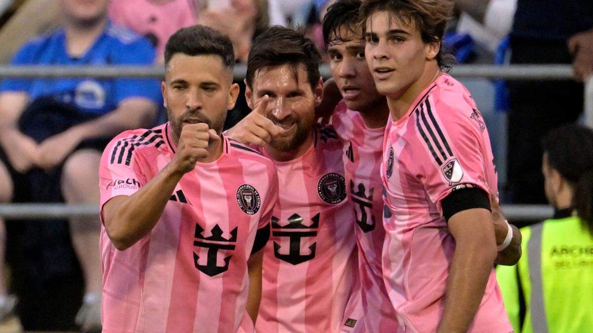 Jul 5, 2025; Montreal, Province of Quebec, CAN; Inter Miami CF forward Lionel Messi (10) celebrates after scoring a goal against CF Montreal during the first half at Saputo Stadium. Mandatory Credit: Eric Bolte-Imagn Images