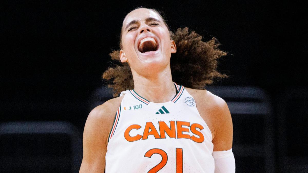 Miami Hurricanes Natalija Marshall(21) reacts to making a shot during the fourth quarter of a game against the Virginia Cavaliers on Thursday, Jan. 30, 2025, at Watsco Center in Coral Gables, Fla. The Hurricanes won 77-74.