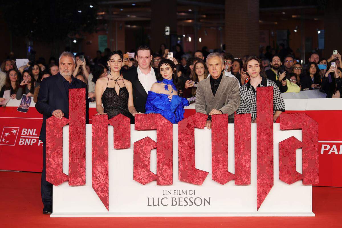 ROME, ITALY - OCTOBER 24: (L-R) Luc Besson, Matilda De Angelis, Caleb Landry Jones, Zoë Bleu Sidel, Christoph Waltz and Raphael Luce attend the "Dracula (Dracula – L'Amore Perduto)" red carpet during the 20th Rome Film Festival at Auditorium Parco Della Musica on October 24, 2025 in Rome, Italy. (Photo by Vittorio Zunino Celotto/Getty Images)