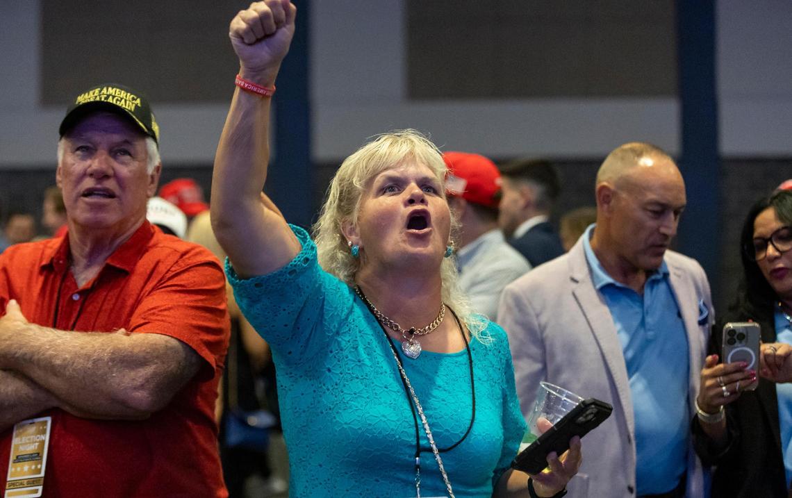 Renee White, from North Carolina, reacts as she watches election results live during Republican presidential nominee former President Donald Trump’s election night party at the Palm Beach County Convention Center on Tuesday, Nov. 5, 2024, in West Palm Beach, Fla.