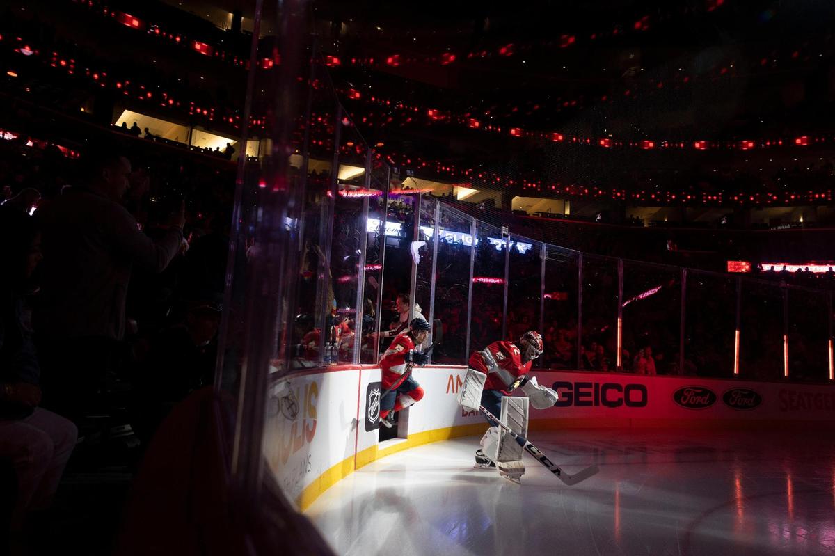 Florida Panthers goaltender Sergei Bobrovsky (72) skates onto the ice before the first period of a hockey game on Thursday, Feb. 8, 2024, at Amerant Bank Arena in Sunrise, Fla.