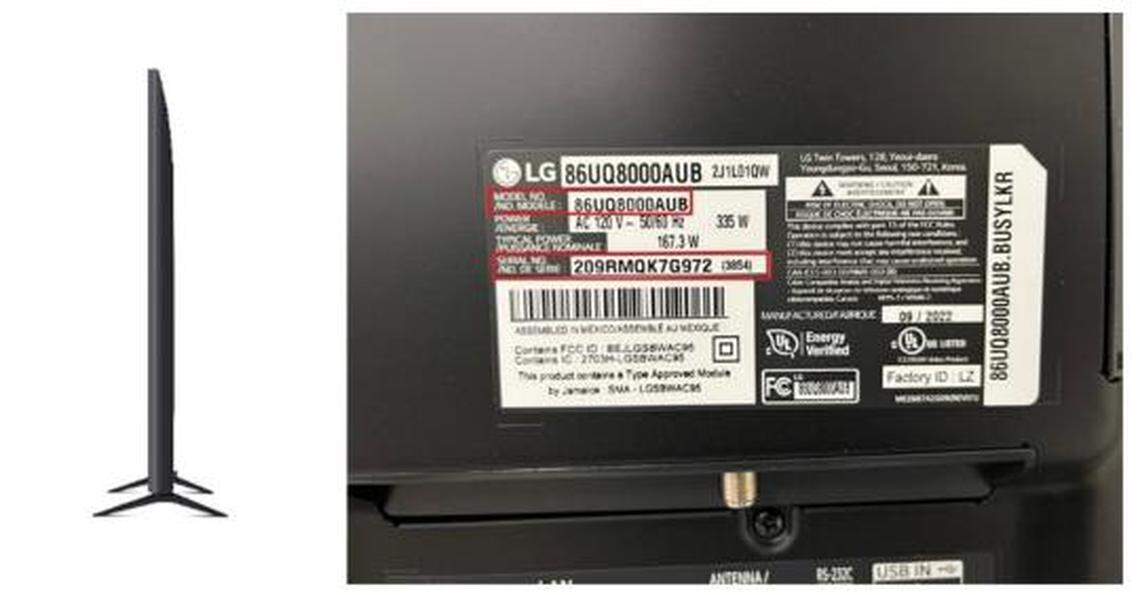 The side view and the serial number location of the recalled LG 86-inch SmartTVs