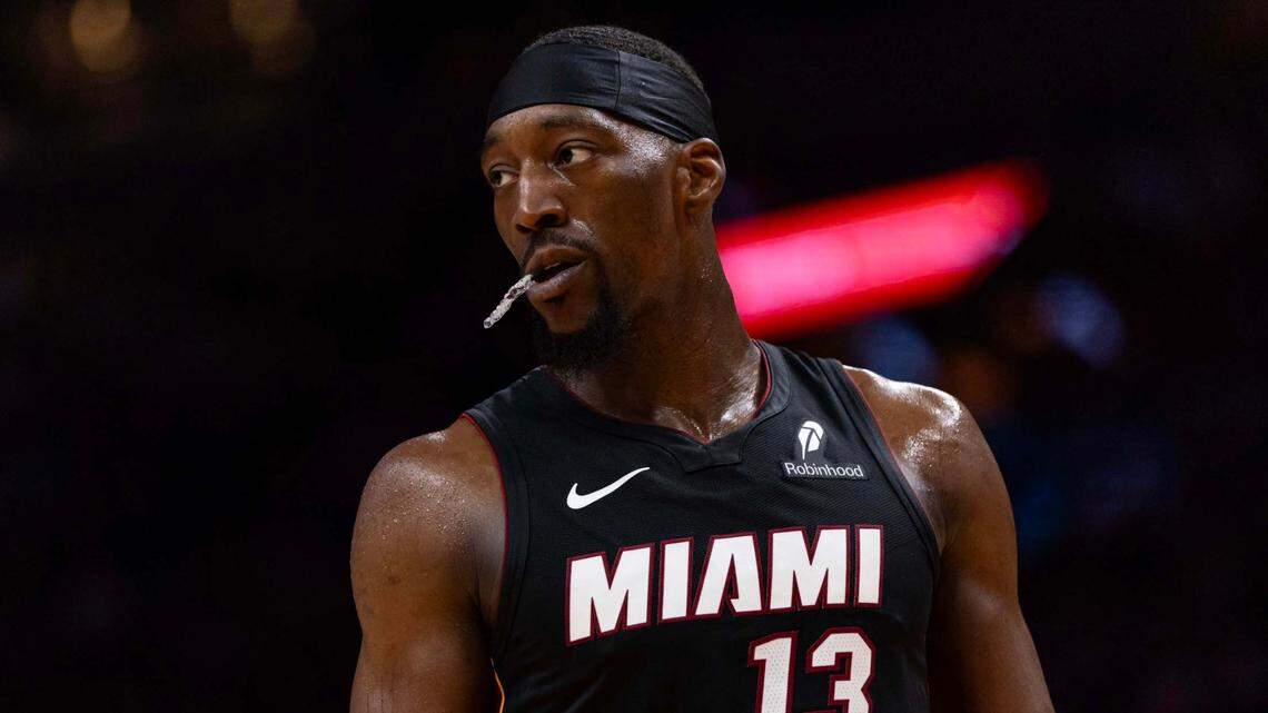 Miami Heat center Bam Adebayo (13) looks on during the second half of an NBA game against the Houston Rockets at Kaseya Center on March 21, 2025, in Miami.