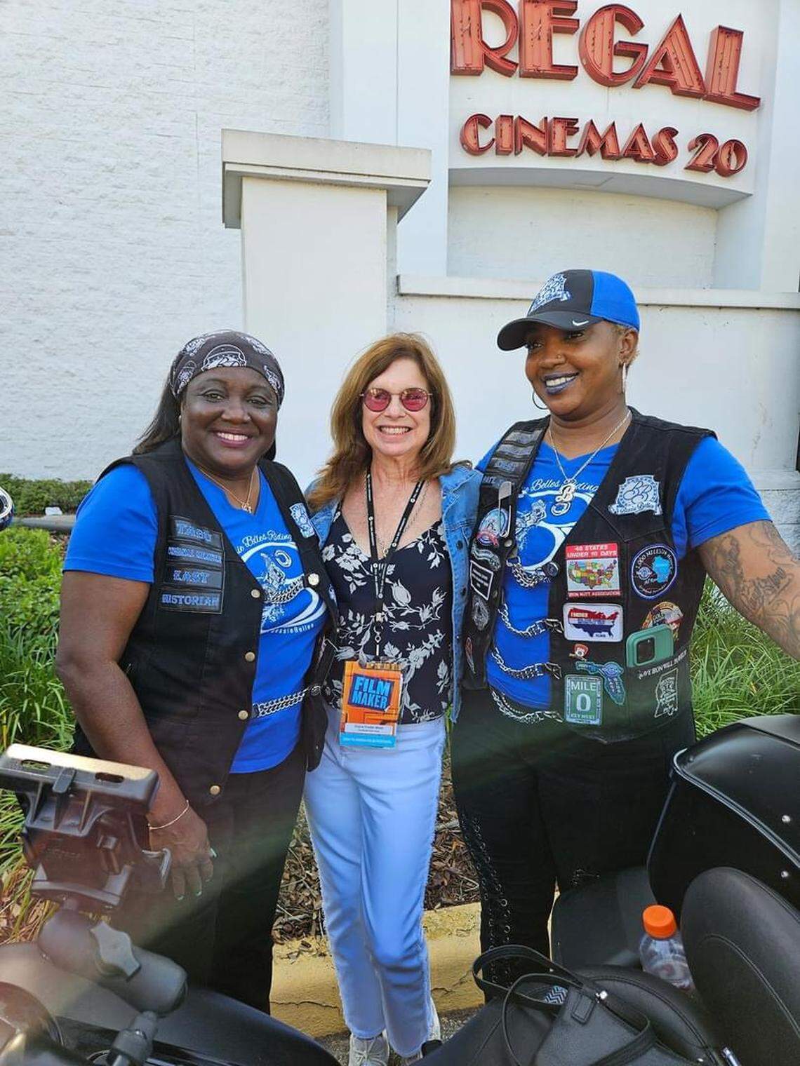 Tameka Singleton (left) and Lyn Wigfall (far left) of the Besse Stringfield All-Female Ride pictured with “To Myself With Love: The Bessie Stringfield Story” director Diane Weiss (center) at the Florida Film Festival for a screening of the film.
