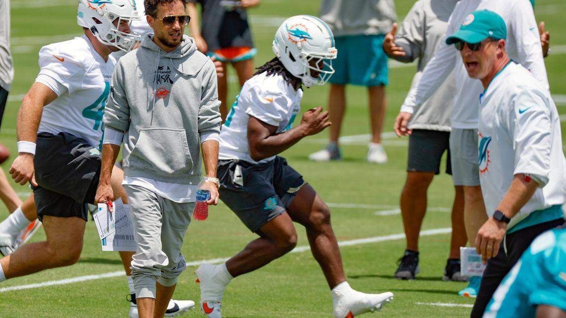 Miami Dolphins coach Mike McDaniel on the field during Dolphins rookie minicamp at the Baptist Health Training Complex in Miami Gardens, Florida on Friday, May 9, 2025.