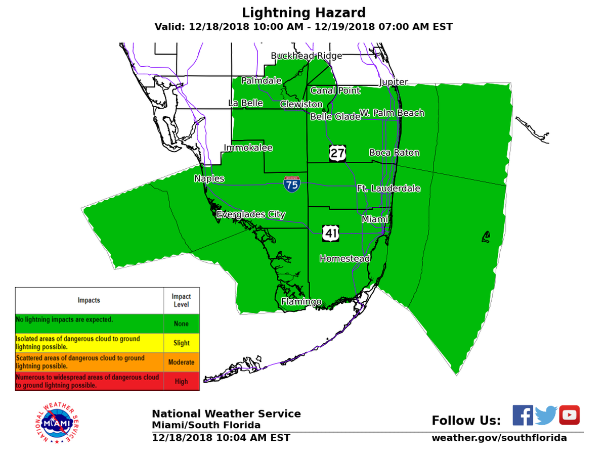 Lightning hazards in Florida that will be associated with storms on Dec. 19-20 preceding a coming cold front expected to arrive around Dec. 21, 2018.