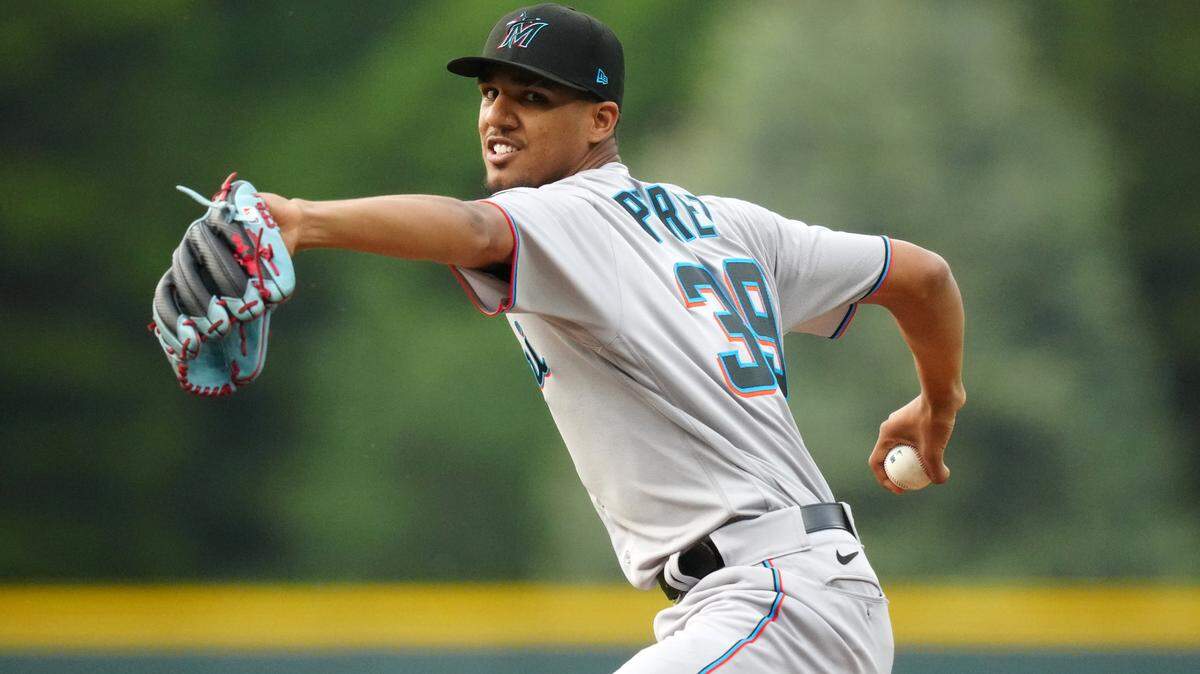 Miami Marlins starting pitcher Eury Perez (39) delivers a pitch in the first inning against the Colorado Rockies at Coors Field on Tuesday, May 23, 2023.