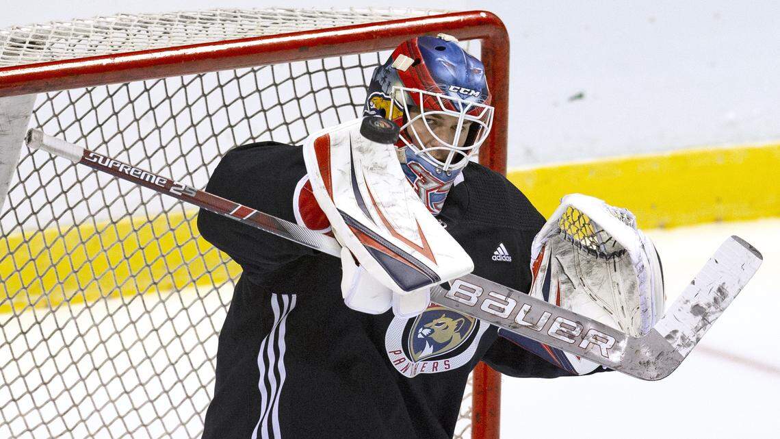 Florida Panthers goalie Sam Montembeault (33) blocks a shot during training camp in preparation for the 2021 NHL season at the BB&T Center on Sunday, January 10, 2021 in Sunrise.