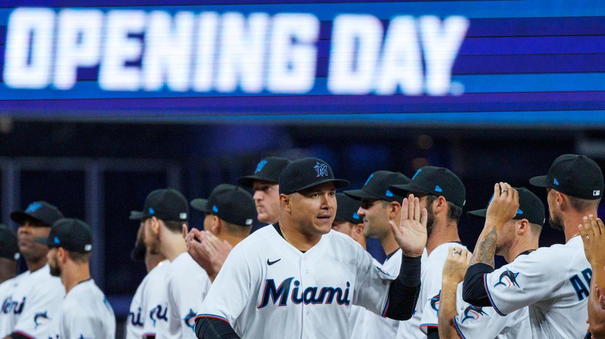 Miami Marlins right fielder Avisail Garcia (24) is introduced before the team’s season home opener baseball game against the Philadelphia Phillies at LoanDepot Park on Thursday, April 14, 2022 in Miami, Florida.