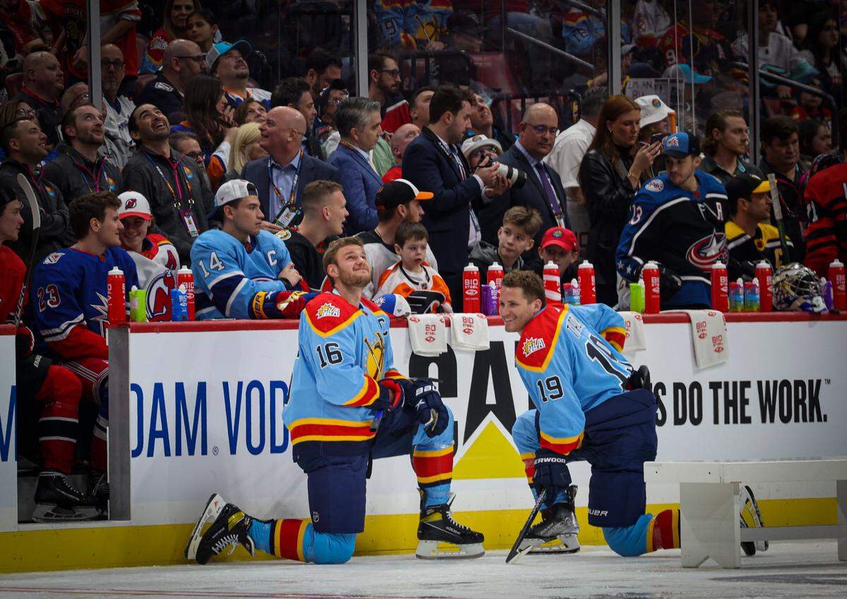 Florida Panthers Aleksander Barkov (16) and Florida Panthers Matthew Tkachuk (19) talk on the sidelines during the NHL All-Star Skills Competition on Friday, Feb. 3, 2023, at FLA Live Arena in Sunrise.