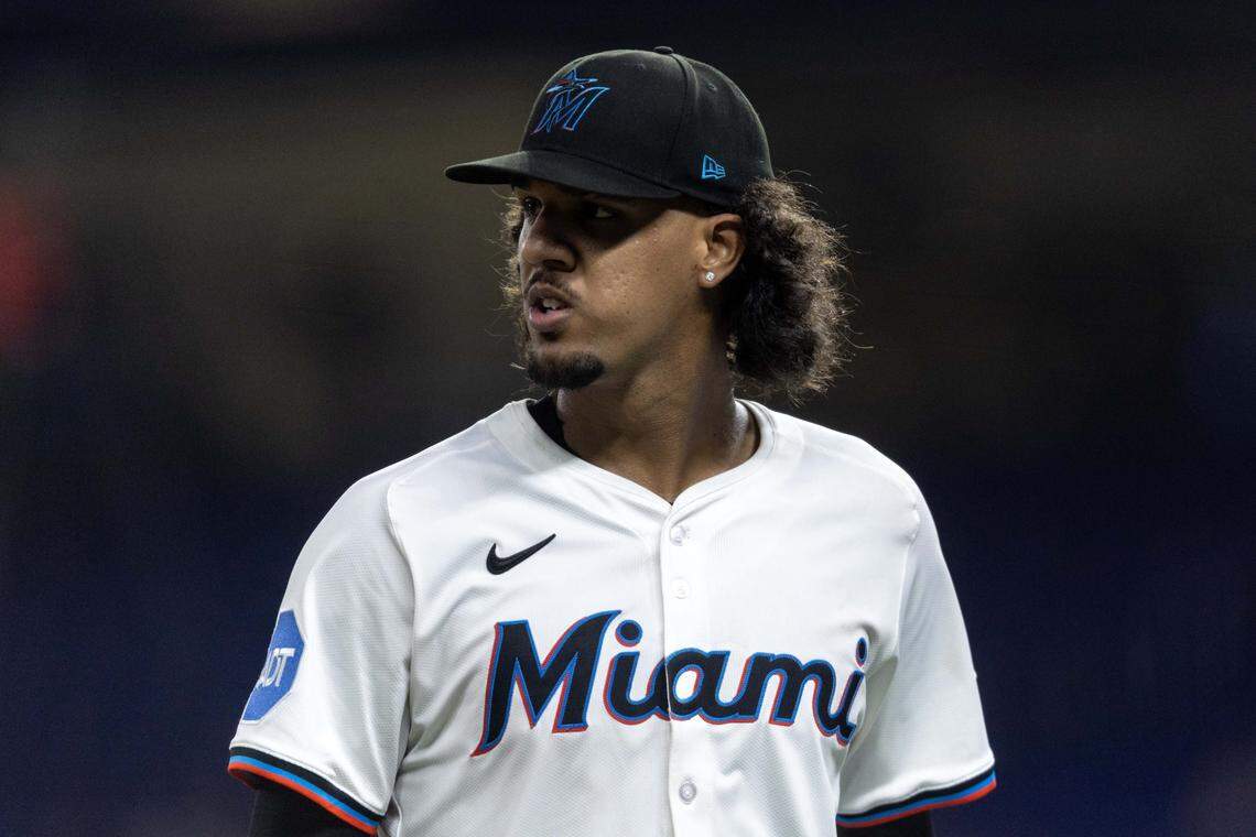 Miami Marlins pitcher Eury Pérez (39) reacts as he walks off the field during the fifth inning of an MLB game against the St. Louis Cardinals at loanDepot park on Monday, August 18, 2025, in Miami, Fla.