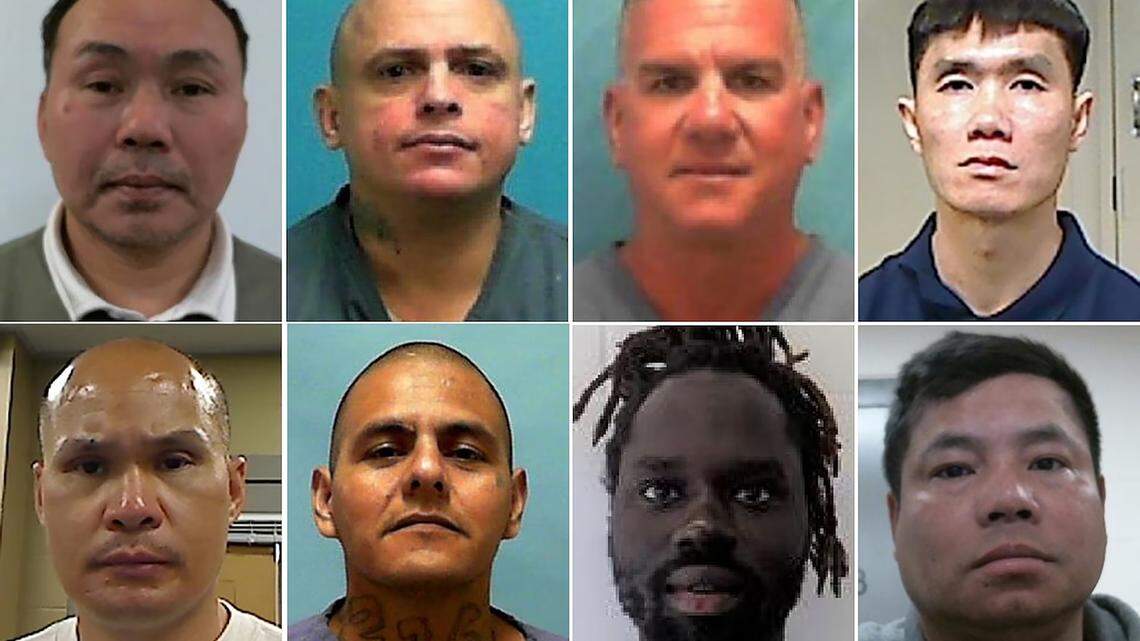 Photos released by the Department of Homeland Security of eight men deported to Africa, including two Cubans. Top row, left to right: Nyo Myint (Burma), Enrique Arias-Hierro (Cuba), Jose Manuel Rodriguez-Quinones (Cuba), Tuan Thanh Phan (Vietnam). Bottom row, left to right: Thongxay Nilakout (Laos), Jesus Munoz-Gutierrez (Mexico), Dian Peter Domach (South Sudan), Kyaw Mya (Burma).