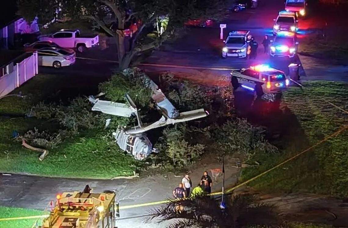The wreckage from a plane crash in Pembroke Pines on Sunday night, July 13, 2025. A small plane crashed into a tree before landing at North Perry Airport in Pembroke Pines, injuring the four people on the plane.