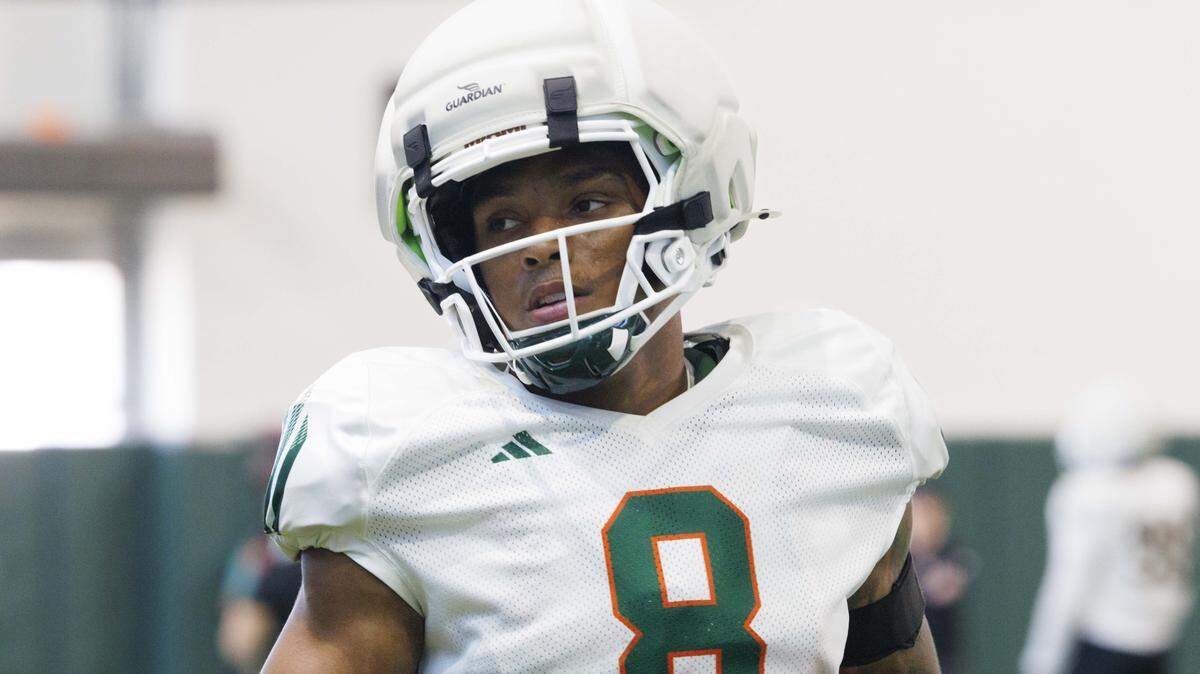 Defensive back Jakobe Thomas (8) runs during Miami Hurricanes football practice on Monday, Aug. 4, 2025, at University of Miami in Coral Gables, Fla. 