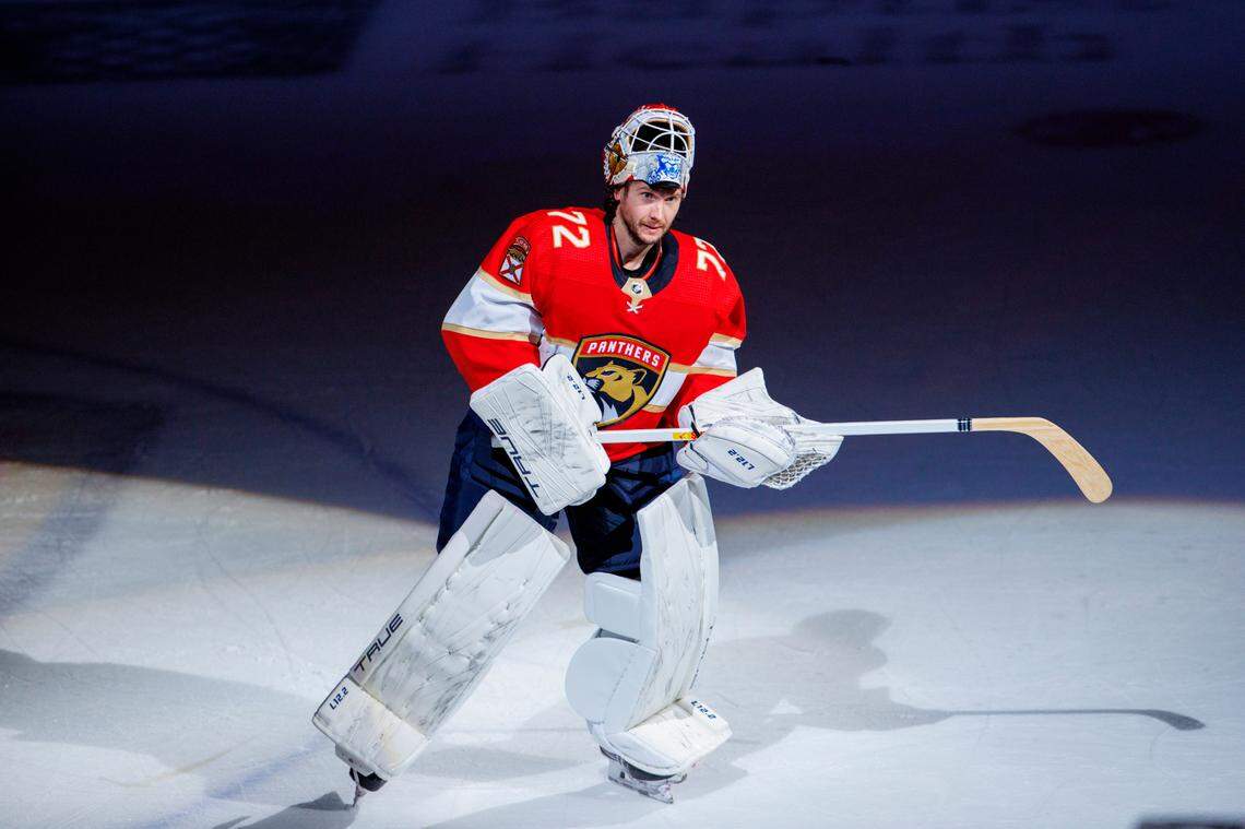 Florida Panthers goaltender Sergei Bobrovsky (72) skates after he’s honored as the third star of the game after the 5-3 win over the Washington Capitals Game 5 of a first round NHL Stanley Cup series at FLA Live Arena on Wednesday, May 11, 2022 in Sunrise, Fl.