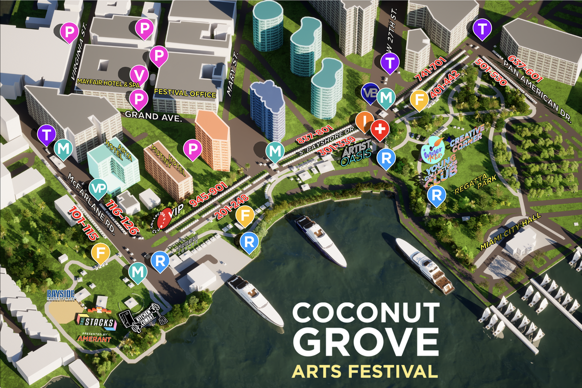 This map of the Coconut Grove Arts Festival shows parking options in pink.