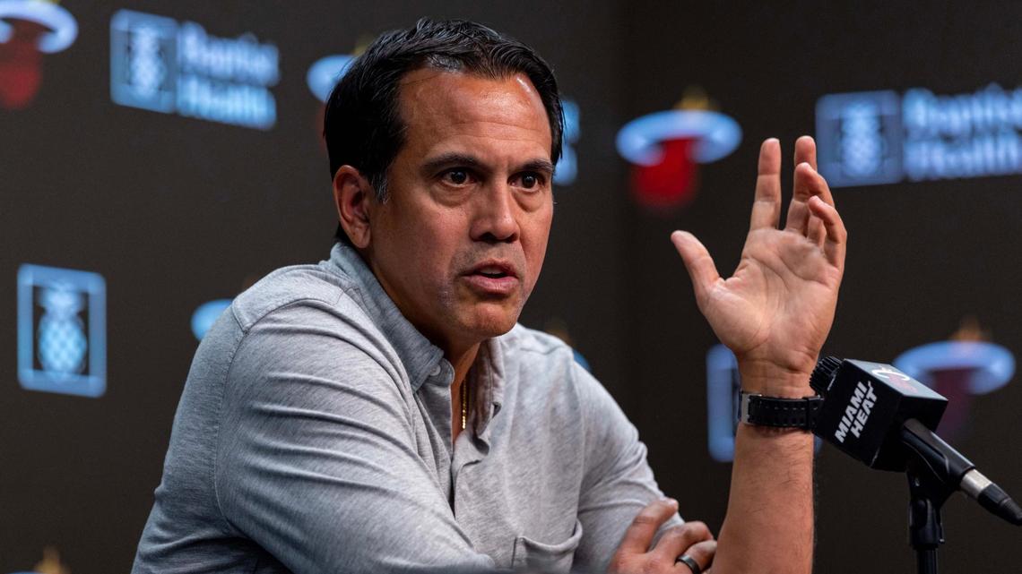 Miami Heat Head Coach Erik Spoelstra speaks to the media during the Miami Heat exit interviews at Kaseya Center on April 30, 2025, in Miami.