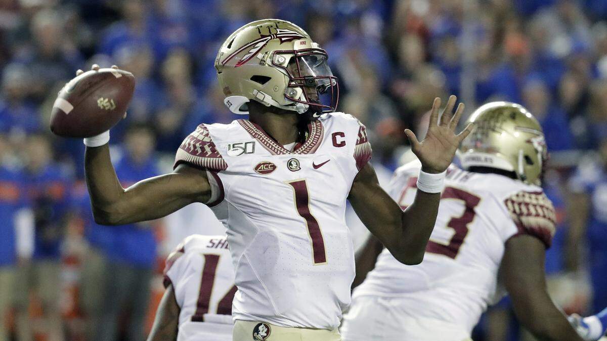 Florida State quarterback James Blackman (1) throws a pass against Florida during the second half of an NCAA college football game, Saturday, Nov. 30, 2019, in Gainesville, Fla.