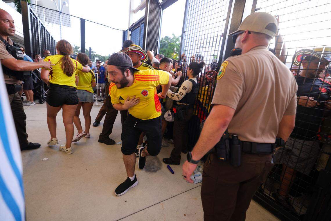July 14, 2024; Miami, FL: Fans rush the gates before the Copa America Final match between Argentina and Colombia at Hard Rock Stadium in Miami Gardens.