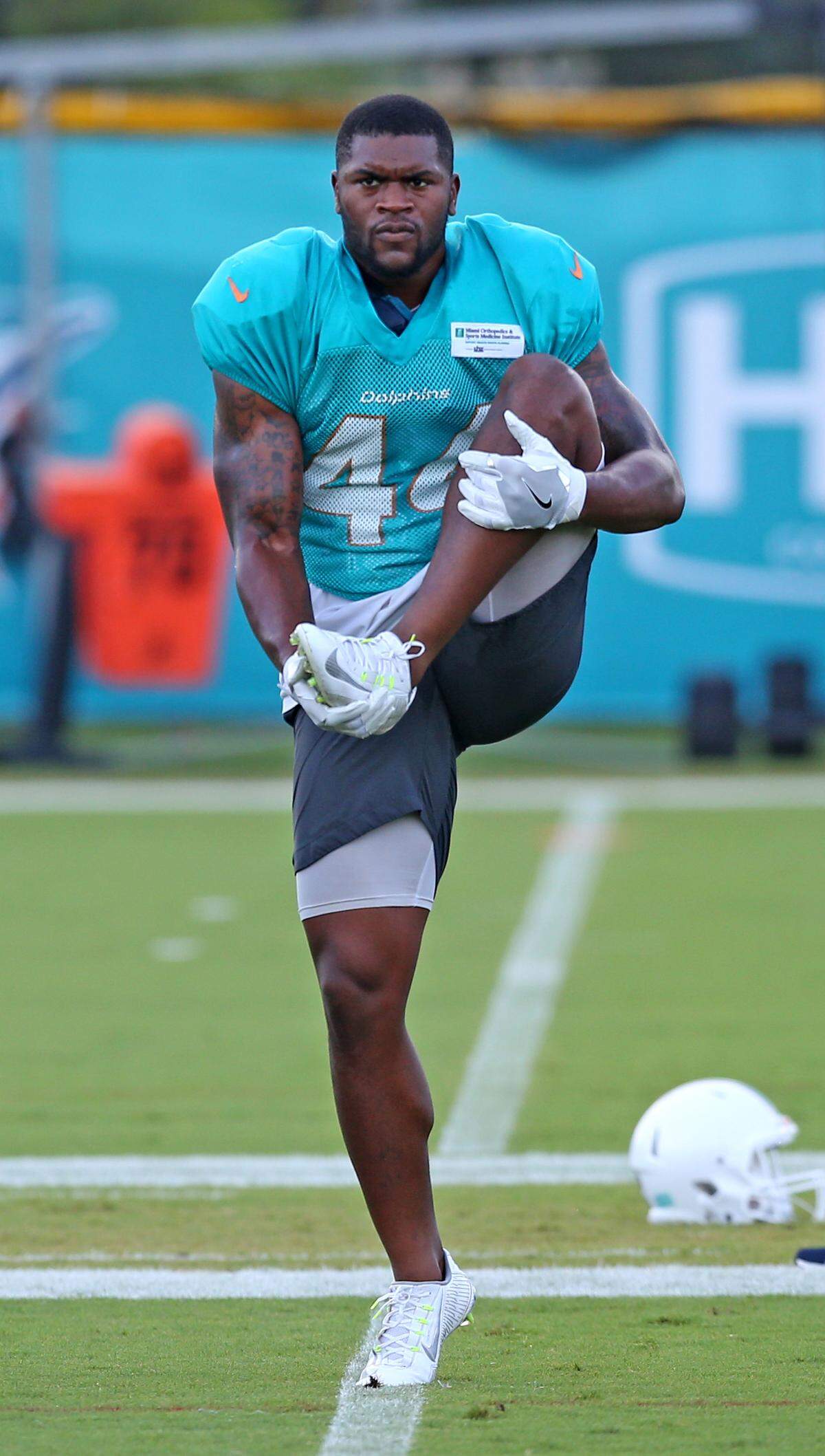 Miami Dolphins linebacker Stephone Anthony (44) during training camp at the Miami Dolphins training facility in Davie, Florida, August 1, 2018. 