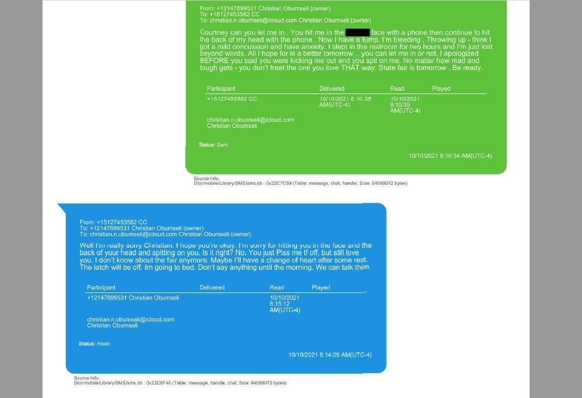 An excerpt of a text messages between Christian Obumseli to his girlfriend, Courtney Clenney. The message exchanges are now in evidence in the case against Clenney, who is accused of murdering Obumseli in Miami on April 3, 2022.