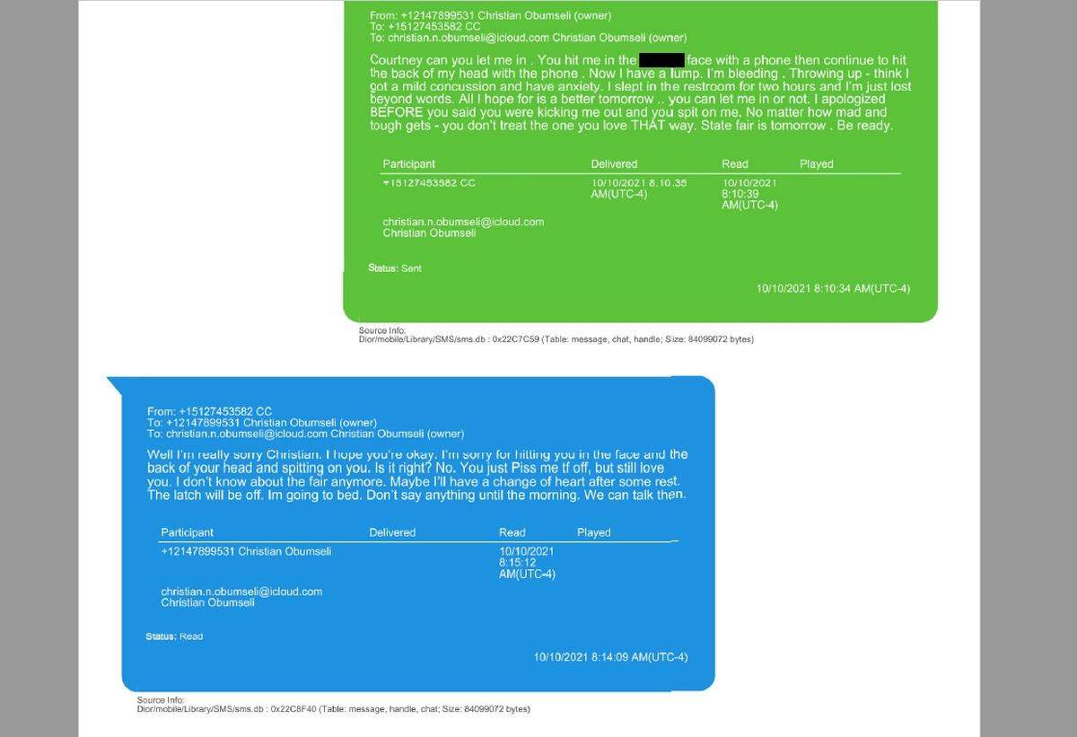 An excerpt of a text messages between Christian Obumseli to his girlfriend, Courtney Clenney. The message exchanges are now in evidence in the case against Clenney, who is accused of murdering Obumseli in Miami on April 3, 2022.