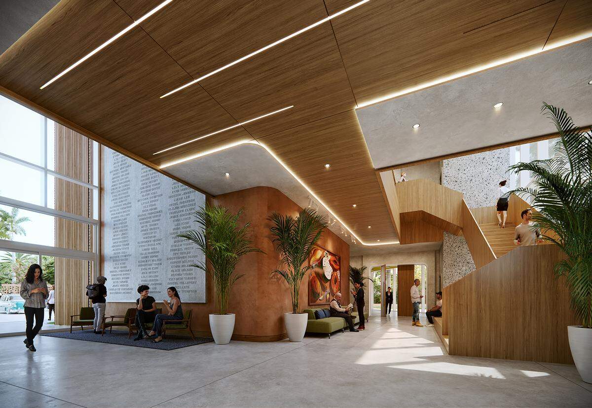 Rendering of the lobby view of the Benjamín León Jr. Building at FIU.