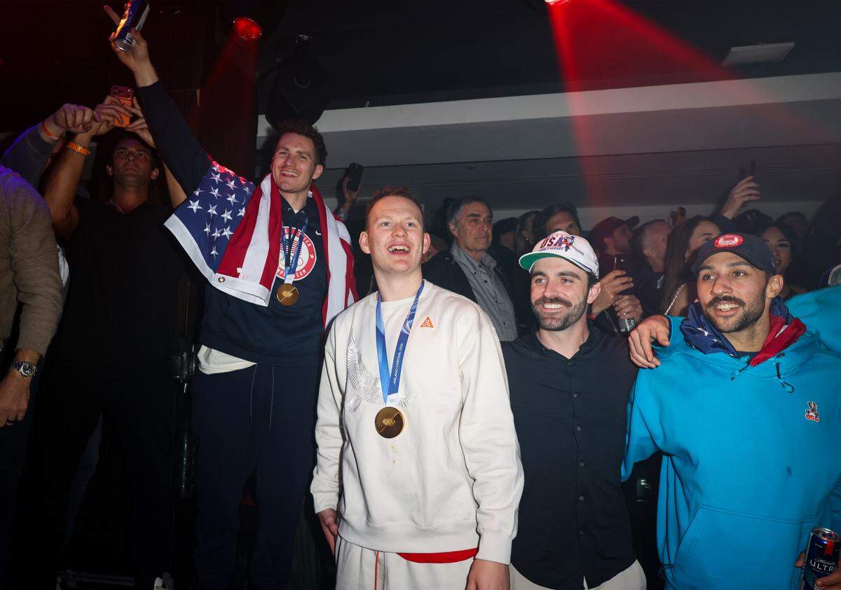 MIAMI, FLORIDA - FEBRUARY 23: Matthew Tkachuk, Brady Tkachuk, and Vincent Trocheck attend a celebration of the USA Men's Hockey Team's Olympic Gold at E11EVEN Miami on February 23, 2026 in Miami, Florida.  (Photo by Alexander Tamargo/Getty Images for E11EVEN Miami)