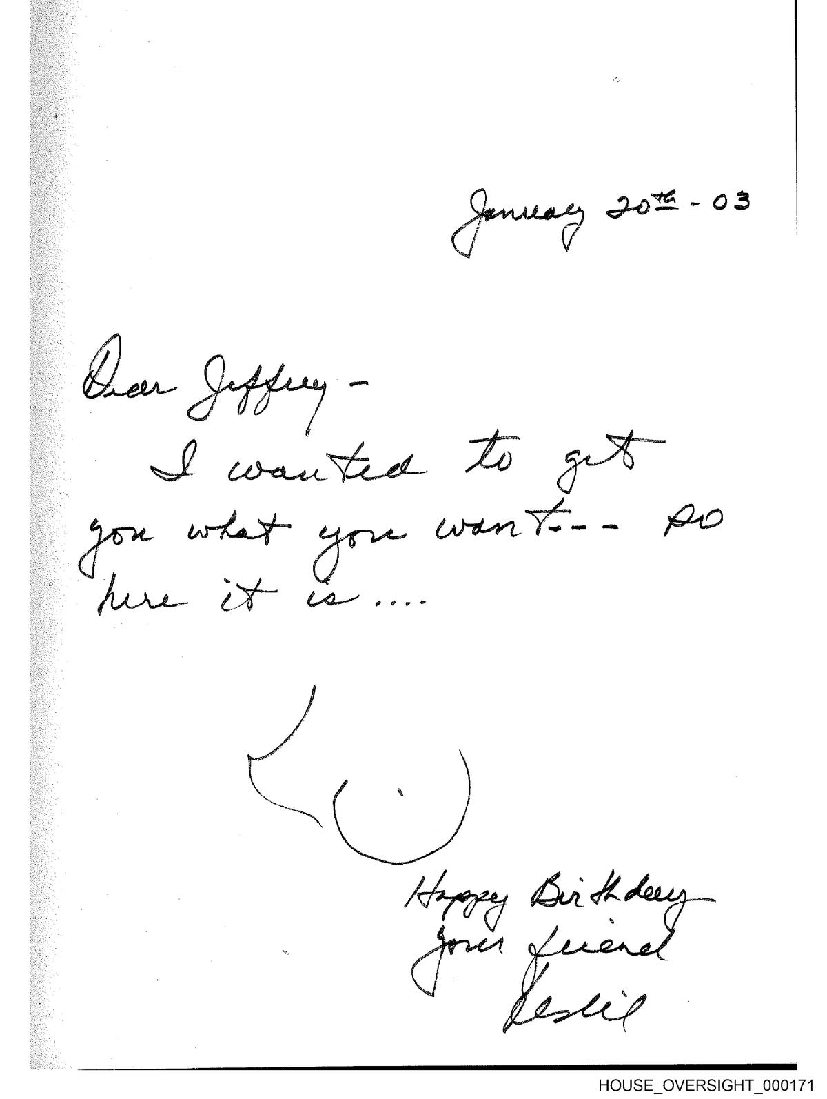 A message signed by Leslie (likely Leslie Wexner, Epstein's billionaire client)