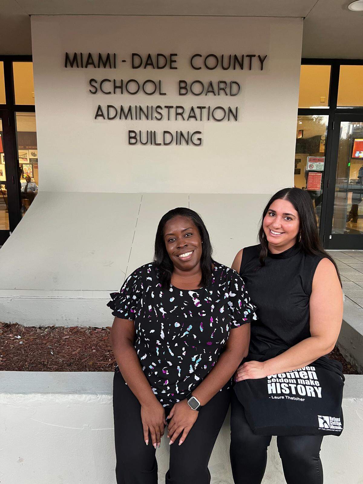 Mina Hosseini, executive director of P.S. 305, and parent leader Janielle Murphy outside of the Miami-Dade County School Board Administration Building following a school board meeting. Amanda Geduld.