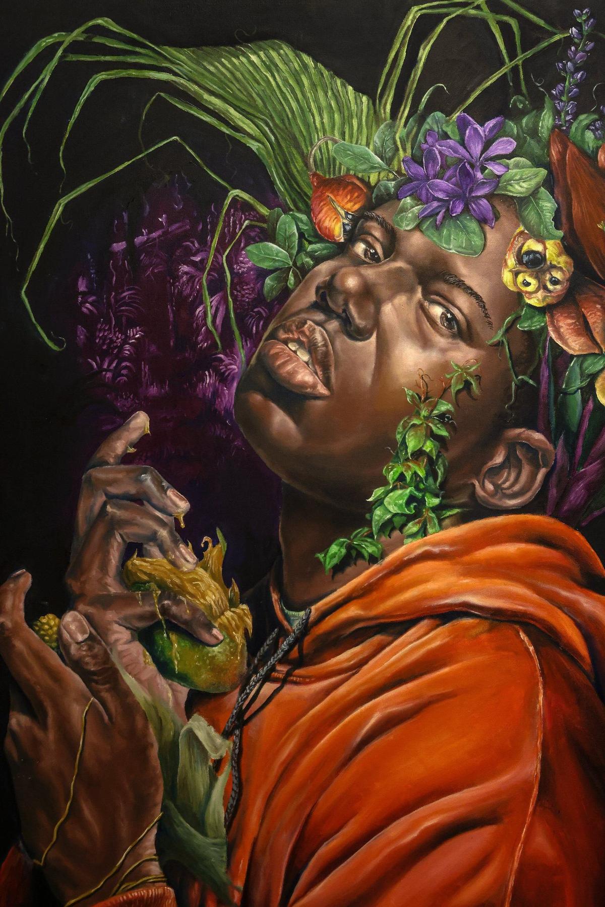 Artist Cornelius Tulloch’s self portrait among his work at his studio at the Bakehouse Art Complex.