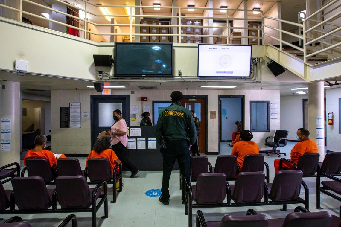 Inmates face their first appearance at Turner Guilford Knight Correctional Center late last year. Bail reform proposals could allow more people charged with low-level crimes to get out of jail without going through such hearings.