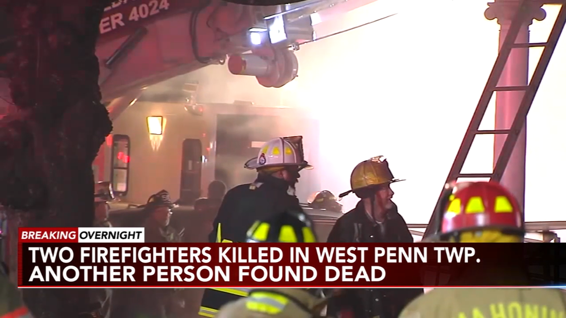 Two firefighters died battling a house fire in Pennsylvania, and the body of an unknown person was found outside, triggering an investigation.