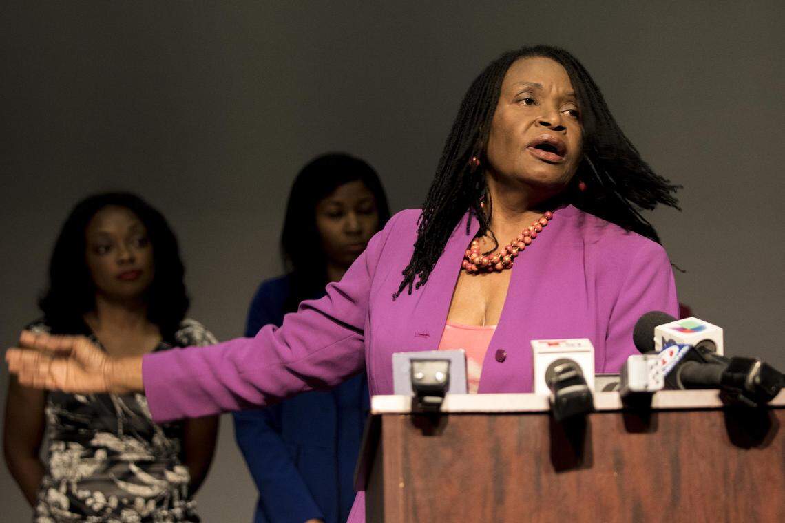 Marleine Bastien, executive director of Family Action Network Movement (FANM), speaks at a press conference about the state of TPS at the Carribean Marketplace in Little Haiti on Friday, June 22, 2018.