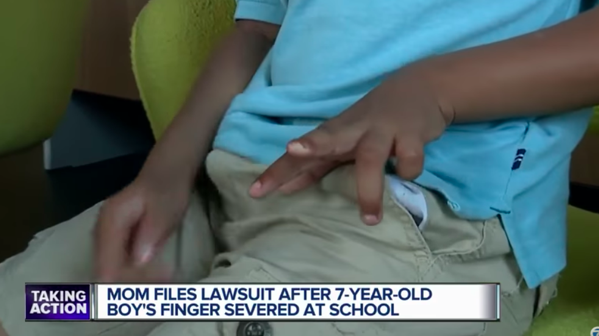 A Detroit mom is seeking damages from the district and has filed a lawsuit after she says a teacher slammed a door on her son after kicking him out of class, trapping his finger in the doorway and slicing off the tip of the digit.