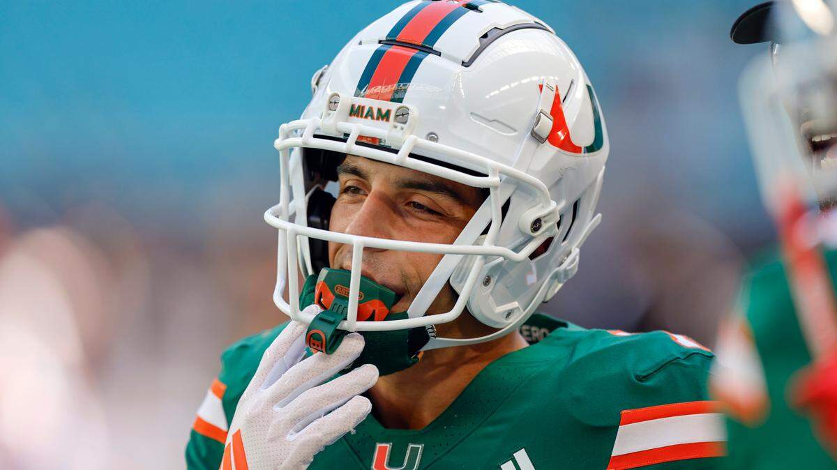 Miami Hurricanes wide receiver Xavier Restrepo (7) on the field before the game against the Wake Forest Demon Deacons for their NCAA game in Miami Gardens, Florida, on Saturday, November 23, 2024.