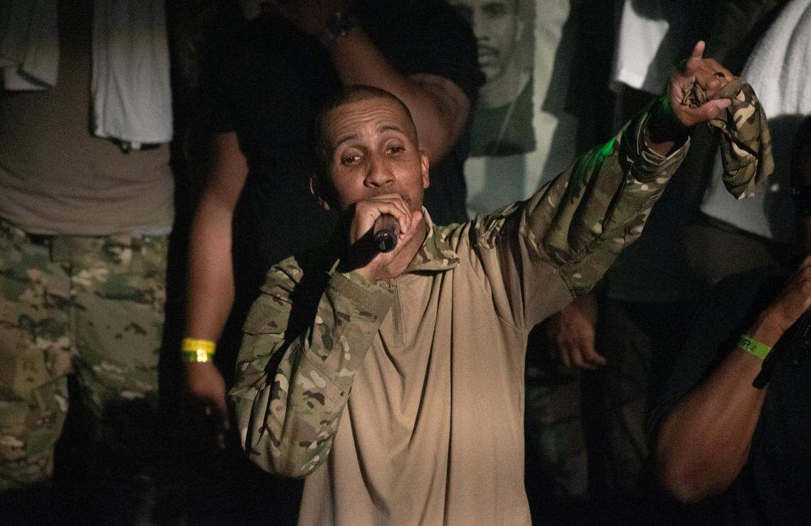 New Orleans rapper Mac, whose real name is McKinley Phipps, performs at the House of Blues in New Orleans’ French Quarter on Friday, July 21, 2023. Phipps’ lyrics were used against him in his 2001 murder case. He was convicted of manslaughter in a 10-2 verdict and was paroled in 2021.