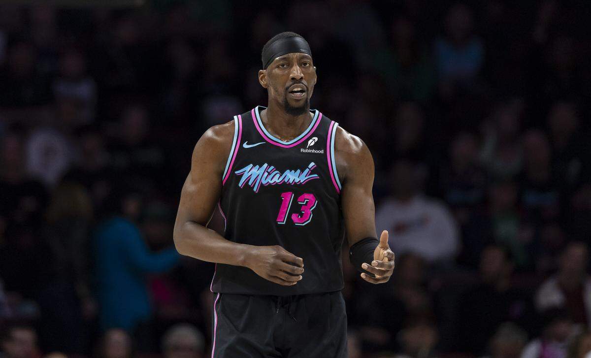 Miami Heat center Bam Adebayo (13) reacts after scoring against the Boston Celtics in the first half of their NBA game at Kaseya Center on Jan. 15, 2026, in Miami.