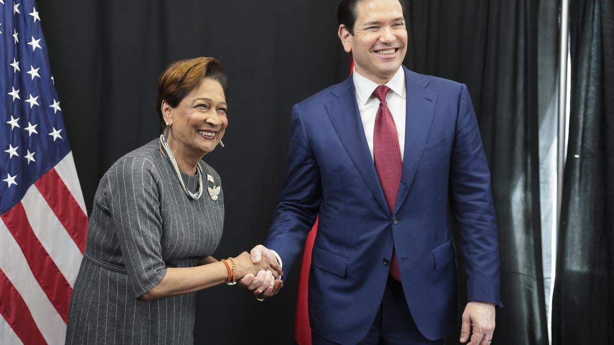 U.S. Secretary of State Marco Rubio shakes hands with Trinidad and Tobago Prime Minister Kamla Persad-Bissessar during meetings with Caribbean Community leaders in Basseterre, Saint Kitts and Nevis, on Feb. 25, 2026. 