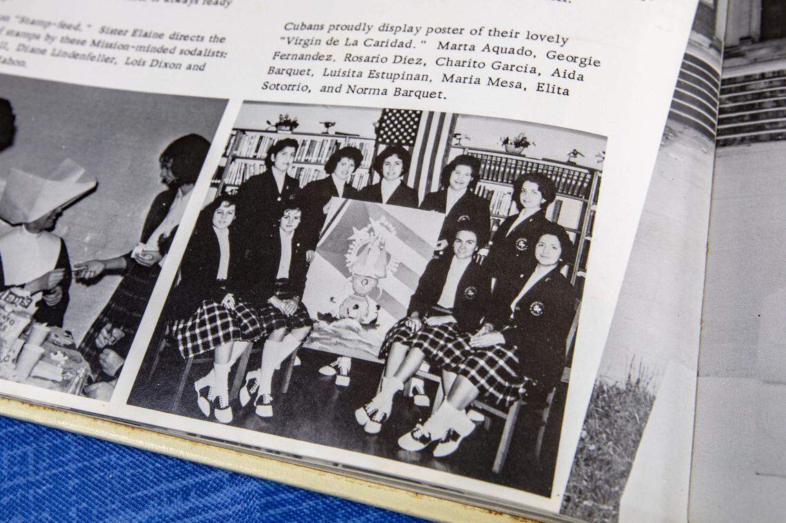 The Pedro Pan girls shown in a school photo at St. Joseph Villa, a Catholic school in Richmond, Virginia, that they were sent to more than 50 years ago after Fidel Castro came to power. The girls’ parents, working with the Catholic Church and the U.S. government, sent them to the United States as unaccompanied minors. From left to right: Maria Luisa Martinez, Marta Aguado, Benita McDermott, Lourdes Bujan, Mercedes Mendez Agraz, Norma Barquet, Luisa Duarte, Charito Izquierdo, and Elita Sotorrio Vazquez, who held a reunion in Miami on April 26, 2019.